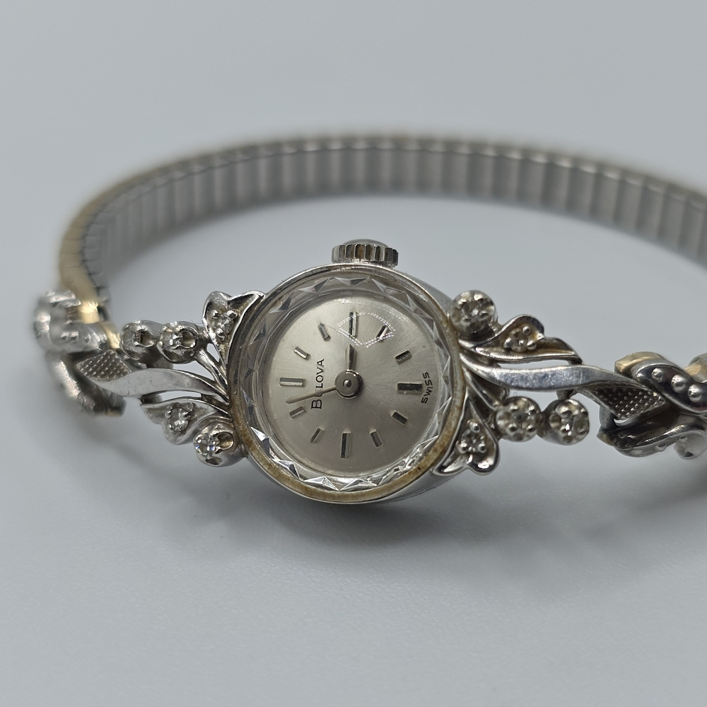 VTG 1971 Bulova Swiss 14K White Gold Case Ladies Watch Diamond Accent Manual - Picture 15 of 16